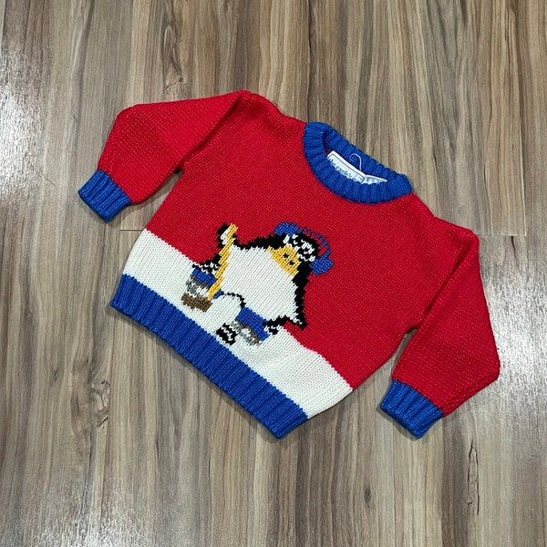 3T Vintage jaren '90 Kids Penguin Schaatsen Gebreide acryl trui Eagle's Eye