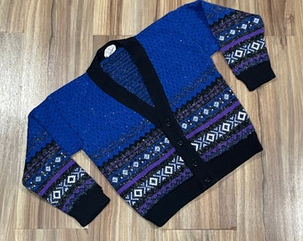 Maglione cardigan abbottonato per bambini vintage anni '90 con motivo blu nero caldo fondente