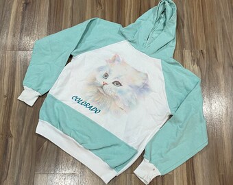 Sz Large Vintage 90s Kids Colorado Cat Graphic Hooded Sweatshirt White Green Two Tone Breakaway