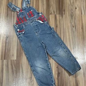 Sz 5 Vintage 90s Kids Toddler Jordache Cotton Denim Plaid Overalls Pants Medium Wash Blue