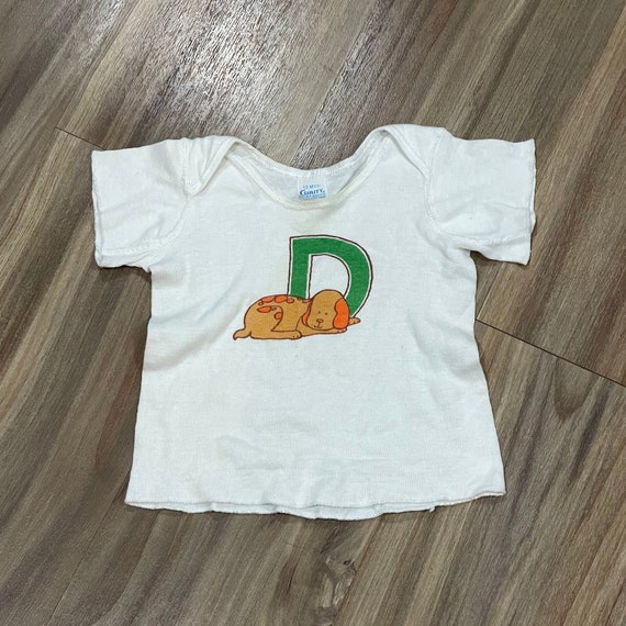 Vintage 70s Baby Knit Letter D Dog Short Sleeve T… - image 1