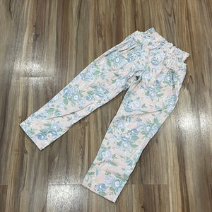 Sz 10 Vintage 80s Kids Floral Print Elastic Waist Cotton Pants USA Made by Swat 18x21