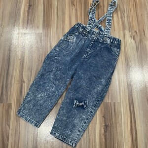 Sz 6 Vintage 80s Kids Denim Acid Wash Cotton Bowtie Overalls Blue
