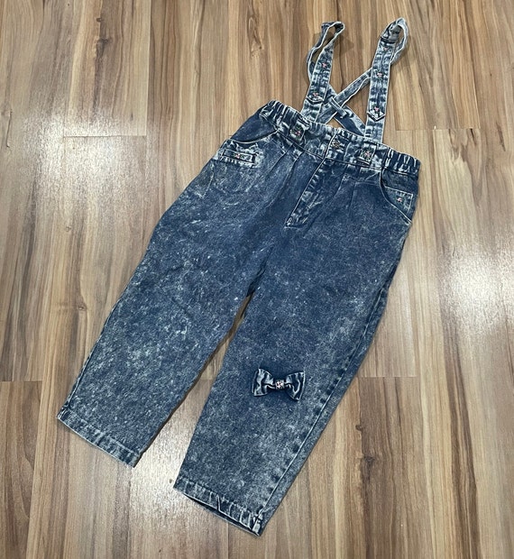 Sz 6 Vintage 80s Kids Denim Acid Wash Cotton Bowt… - image 1