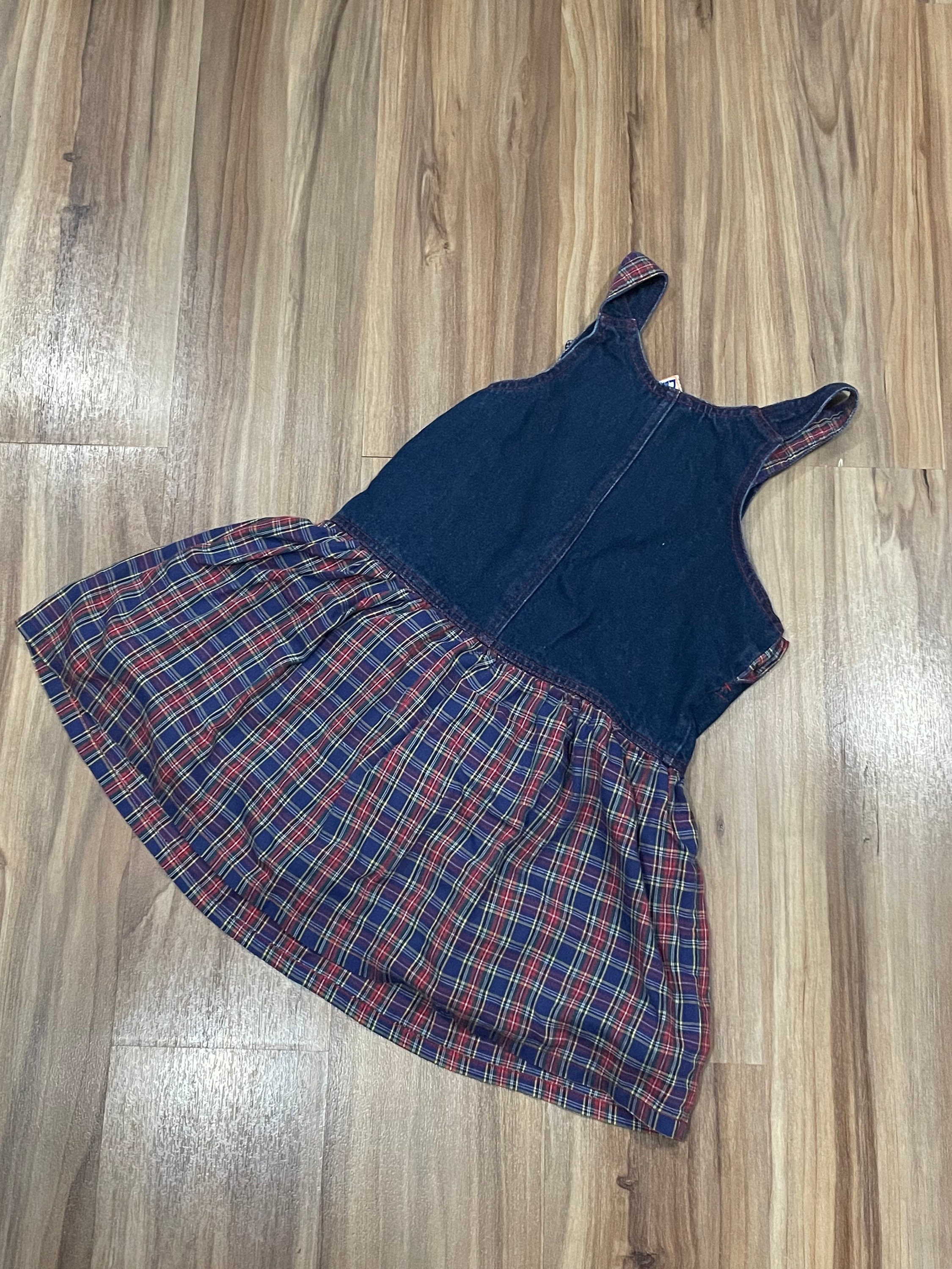 6x Vintage 90s Kids Girls Plaid Denim Hearts Dress Blue Red White