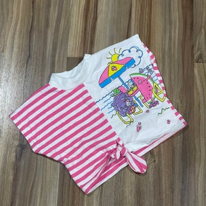 3T Vintage 80s Kids Girls Striped Fruits Graphic Print Top Pink White Buster Brown