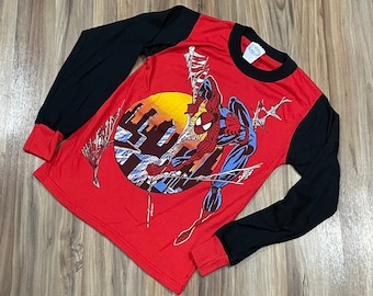 Vintage 90s Kids Spiderman Long Sleeve Graphic T shirt Red Black Size 12