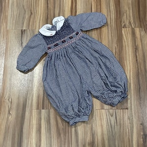 12M Vintage 90s Kids Baby Girls Plaid Button Up Romper Cotton Blend Blue White