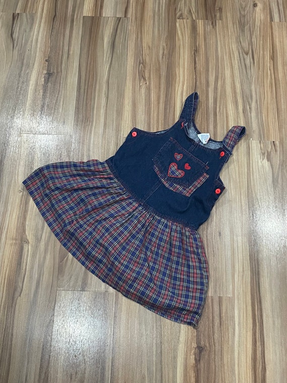 6x Vintage 90s Kids Girls Plaid Denim Hearts Dress Blue Red White Calabash