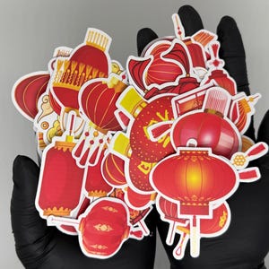 50 Stück Asiatische Laternenaufkleber - Dekorative Aufkleber in Rot und Gold