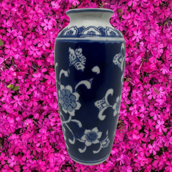 vase asiatique en porcelaine bleu vintage