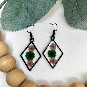 Green and Pink Flower in Black Diamond Earring