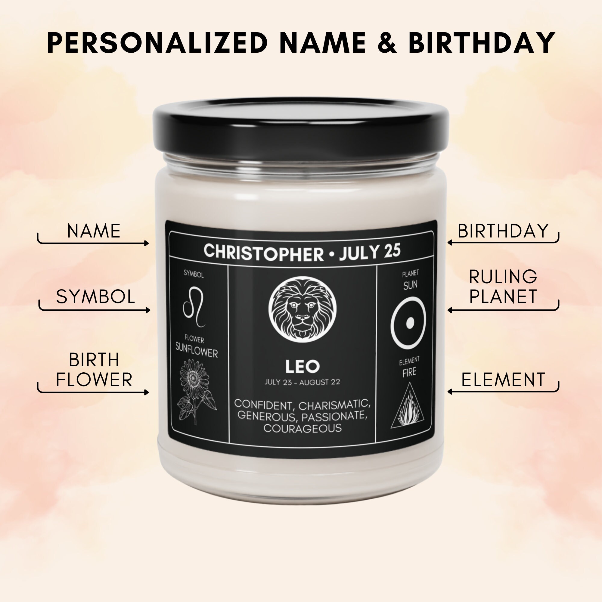 Personalized Leo Zodiac Candle, Custom Leo Birthday Gift, Birthdate