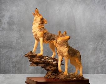 Howling Wolf And Mate Figurine on wood base, Two Wolves Figurine, Hand Painted Wolves Figurine mounted on Wood Base