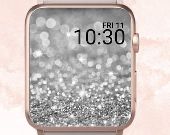 Fondo de pantalla de Apple Watch con purpurina plateada, esfera de Apple Watch con purpurina plateada, fondo de pantalla de Apple Watch plateado brillante, Apple Watch plateado con purpurina
