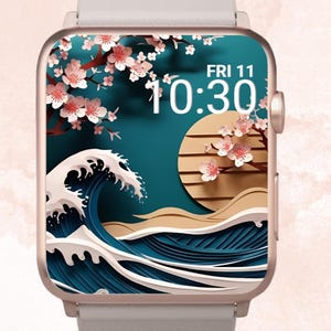 May include: A smartwatch with a screen displaying a Japanese-inspired design. The screen shows a wave, a sun, and cherry blossoms. The watch has a light gray band and a rose gold case. The time is displayed as 10:30 on Friday, the 11th.