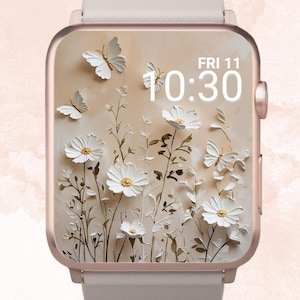 3D Blumen Apple Watch Wallpaper, Neutral Apple Watch, Minimaler botanischer Apple Watch Hintergrund, Beige Ästhetisches Apple Uhrengesicht, 3D Floral