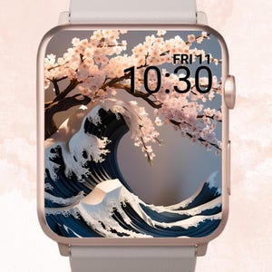 May include: A rose gold smartwatch with a light gray band displays a digital watch face featuring a Japanese wave and cherry blossom design. The time reads 10:30 AM on Friday, with the text "Babe in Bloom CREATIONS" at the top.