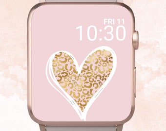 Leopard Herz Apple Watch Wallpaper, Leopard Herz Apple Watch, Rose Gold Apple Watch, Gold Leopard Print Apple Uhrengesicht, Ästhetik, Pink