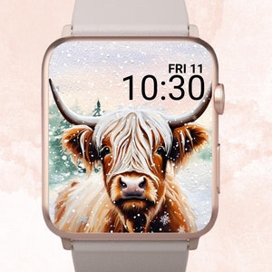 Sfondo invernale per Apple Watch, Sfondo invernale per Apple Watch con mucca delle Highlands, Sfondo invernale per Apple Watch con neve, Quadrante per Apple Watch con mucca delle Highlands, Highland
