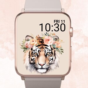 Sfondo Apple Watch con tigre floreale, quadrante Apple Watch con tigre floreale, sfondo Apple Watch con tigre carina, sfondo Tiger, estetica beige