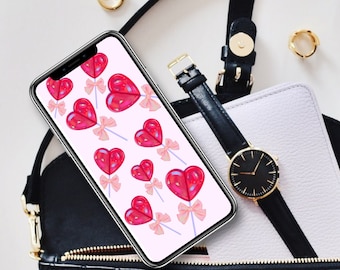 Fondo de teléfono de piruleta de corazón para iPhone o Android, fondo de pantalla del teléfono, pantalla de bloqueo del teléfono, piruleta de corazón, piruleta, día de San Valentín, caramelo