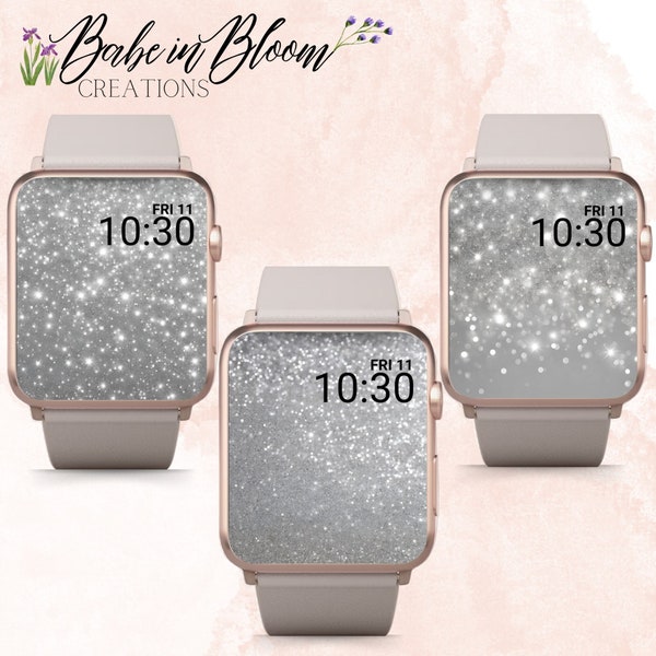 Set of 3 Silver Glitter Apple Watch Wallpapers, Silver Glitter Apple Watch Face, Silver Glitter Sparkly Apple Watch Wallpaper, Sparkly Watch