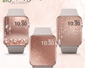 May include: Three different watch faces for an Apple Watch. The watch faces are all rose gold with different designs. The first watch face has a design of diamonds and a chain. The second watch face has a design of glitter. The third watch face has a design of diamonds and a chain. All three watch faces display the time as 10:30 and the date as FRI 11.