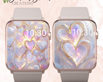 Conjunto de 2 hermosos fondos de pantalla de corazón para Apple Watch, esfera de cristal, fondo de pantalla de piedras preciosas, fondo de pantalla estético para Apple Watch, reloj bonito