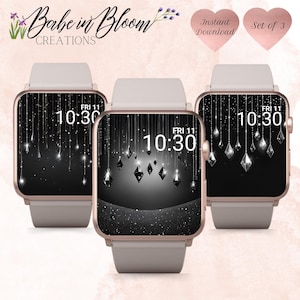 Set di 3 gioielli con diamanti neri per Apple Watch Wallpaper, Glitter per Apple Watch Wallpaper, Apple Watch scintillante, Quadrante nero glitter per Apple Watch