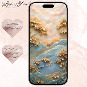 May include: A smartphone displaying a digital wallpaper featuring a landscape of rolling blue hills, golden trees with delicate blossoms, and a soft peach-colored sky. The text Babe in Bloom Creations, Instant Download, and Perfect Size for your Phone appear.
