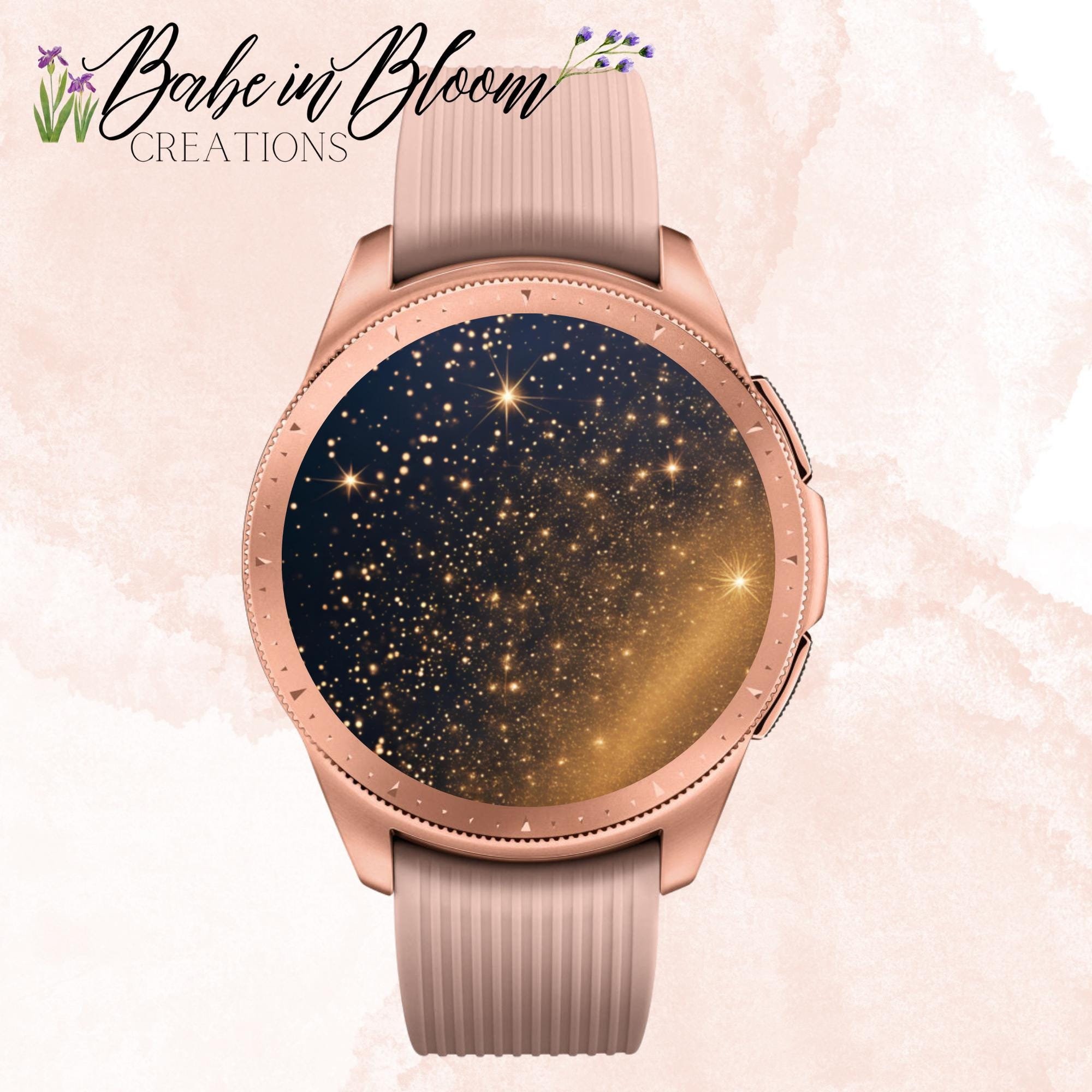 Samsung Galaxy Watch avec étoiles dorées, papier peint scintillant pour Samsung Galaxy Watch, Samsung Galaxy Watch scintillante, Samsung Galaxy Watch,