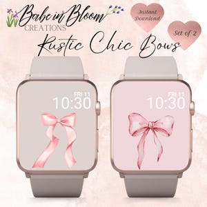 以下が含まれることがあります： 水彩のピンクのリボンデザインが施された、ピンクとゴールドのApple Watchの文字盤が2つ。両方の文字盤の時間は10:30。両方の文字盤に「FRI 11」の文字が表示されています。「Rustic Chic Bows」という文字が画像の上部に表示されています。