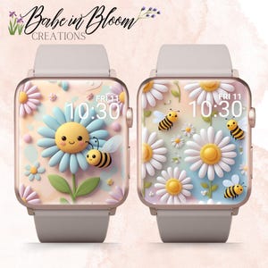 Peut inclure: Deux montres intelligentes avec des cadrans sur le thème des fleurs et des abeilles. L'une présente une marguerite souriante et une abeille, l'autre des marguerites et des abeilles. L'heure est affichée à 10h30 le vendredi. Les bracelets sont gris clair, et le texte "Babe in Bloom CREATIONS" est en haut.