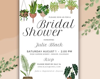 Hanging Plants Bridal Shower Invitation, Plant Lover Bridal Shower Invitation, Potted Plants, Fully Customized Digital File