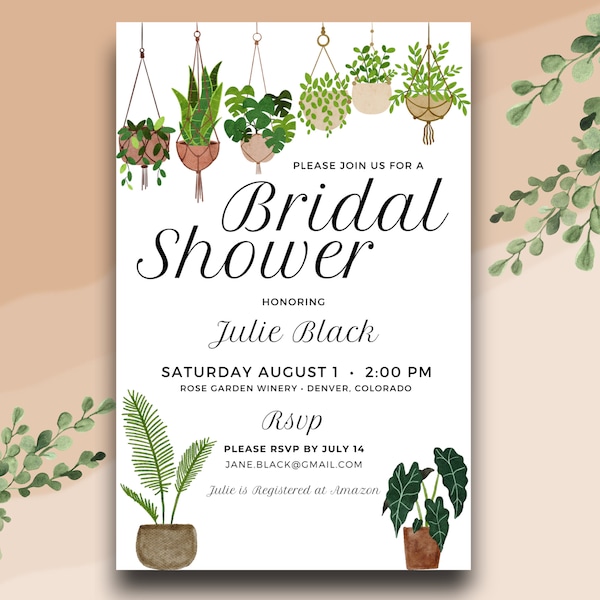 Hanging Plants Bridal Shower Invitation, Plant Lover Bridal Shower Invitation, Potted Plants, Fully Customized Digital File