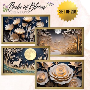 May include: Set of four framed paper cut art prints featuring a moonlit forest scene, a deer in the forest, a floral design, and a rose. The prints are in gold frames and have a blue background.