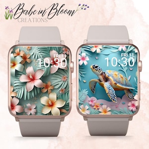 Può includere: Due smartwatch con design floreali e tartarughe marine. Un quadrante presenta fiori rosa e pesca con foglie verdi. L'altro mostra una tartaruga marina con sfondo blu e fiori rosa. Entrambi mostrano l'ora come le 10:30 di venerdì.