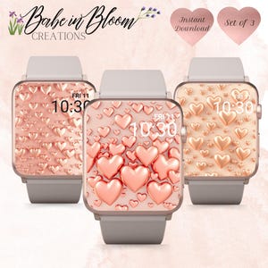 Set di 3 sfondi 3D con cuori in oro rosa per Apple Watch, cuori per Apple Watch, sfondo per Apple Watch in oro rosa, quadrante per Apple Watch a forma di cuore, oro rosa