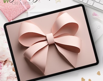 Aesthetic Bow iPad Wallpaper, Pink Bow iPad Background, Bow iPad Wallpaper, Pink Bow, Coquette Bow, Beige Aesthetic iPad Wallpaper, Beige