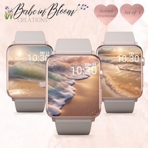 Peut inclure: Ensemble de trois cadrans de montre numériques représentant une scène de plage avec des vagues qui se brisent sur le rivage au coucher du soleil. Les cadrans de montre affichent l'heure et le jour de la semaine.