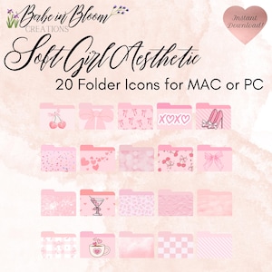 May include: Twenty pink folder icons for a computer, featuring various designs including cherries, bows, hearts, confetti, and a martini glass. The text "Soft Girl Aesthetic" is at the top of the image.