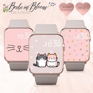 Peut inclure: Ensemble de trois cadrans de montre roses avec des motifs différents. Le premier cadran de montre a un fond rose avec un visage de chat blanc. Le deuxième cadran de montre a un fond rose avec deux chats de dessin animé, un gris et un orange. Le troisième cadran de montre a un fond rose avec un motif d'empreintes de pattes roses et blanches.