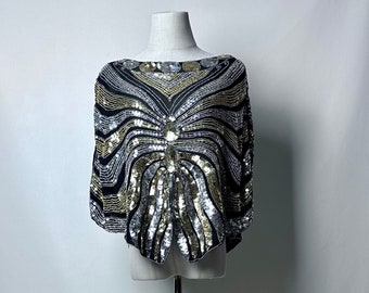 Vintage 70s 80s Silver Gold Black Sequin Sheer Butterfly Top