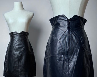 Vintage 80s Verducci 100% Genuine Leather Black High Waisted Skirt Diamond Cut Center KOREA