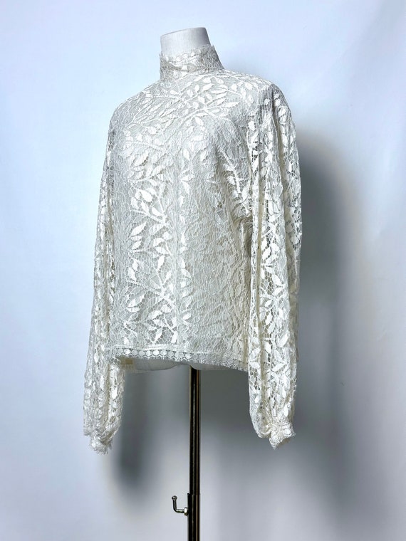 Vintage 90s Perry Ellis Ivory Lace Sheer High Nec… - image 5