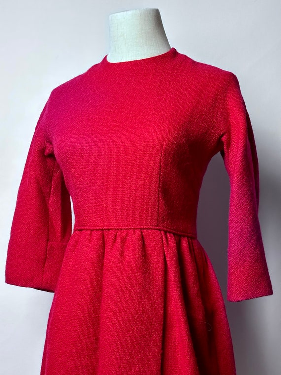Vintage 50s Red Wool Day Dress 3/4 Length Sleeves… - image 2