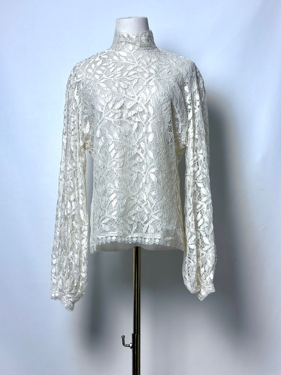 Vintage 90s Perry Ellis Ivory Lace Sheer High Nec… - image 3