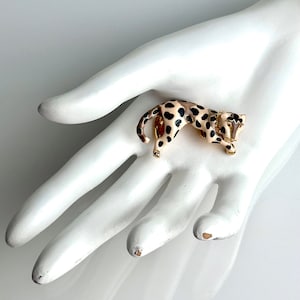 CAVAREE Vintage 90s Kenneth Jay Lane KJL Leopard Panther Slider Pendant Brown Black Enamel Crystal Figural Lounging Cat