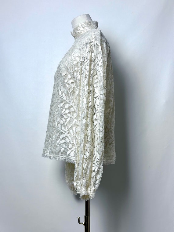 Vintage 90s Perry Ellis Ivory Lace Sheer High Nec… - image 6